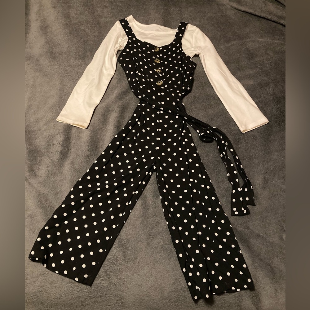 Black Polkadot Jumper with Long Sleeve White Shirt Girls Size 4/5t